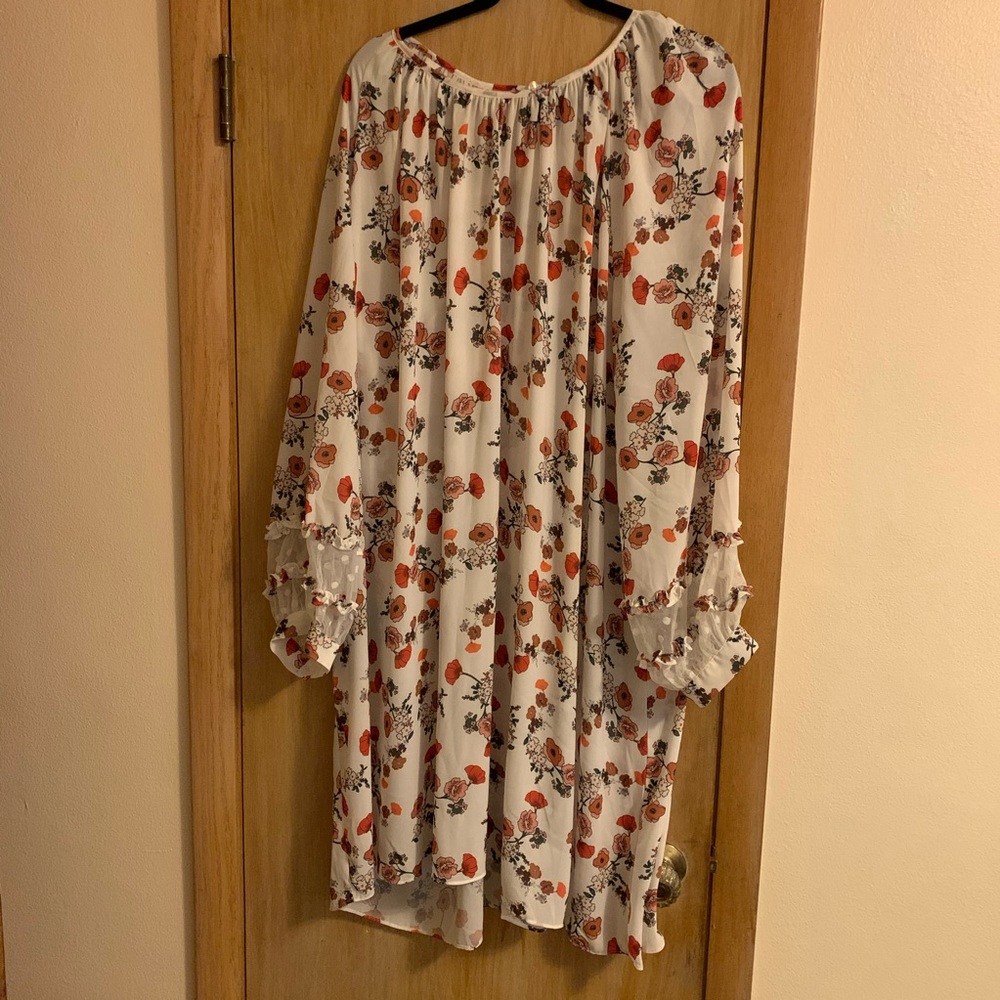 Eloquii White Dress w/ Sheer Polka Dot Sleeve